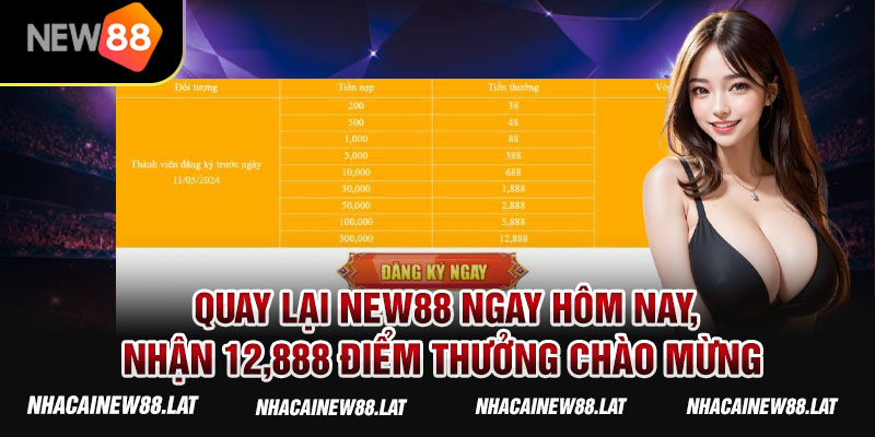 Quay lại New88 ngay hôm nay, nhận 12,888 điểm thưởng chào mừng